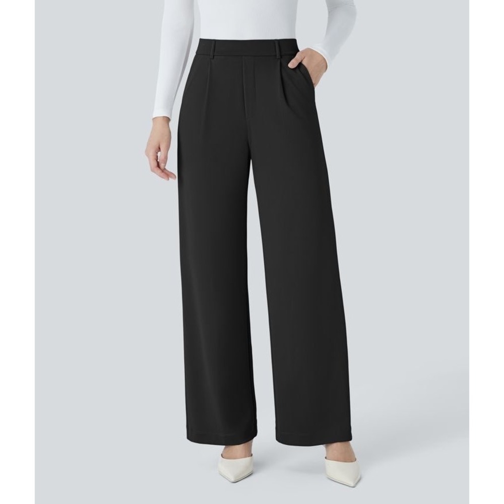 NWT Halara Flex Black High Waisted Pocket Wide Leg Pleated Trousers Size S Tall